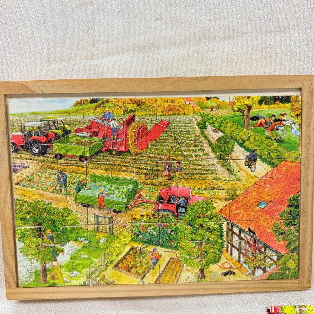 Vintage Wooden Farm Jigsaw Puzzle Set 4 Puzzles in Wood Tray Box Color Coded - Picture 2 of 9